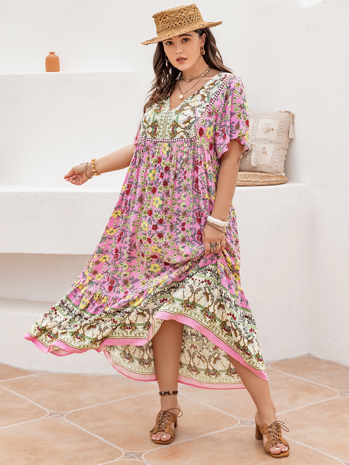 Plus Size Floral Tie Neck Flutter Sleeve Maxi Dress