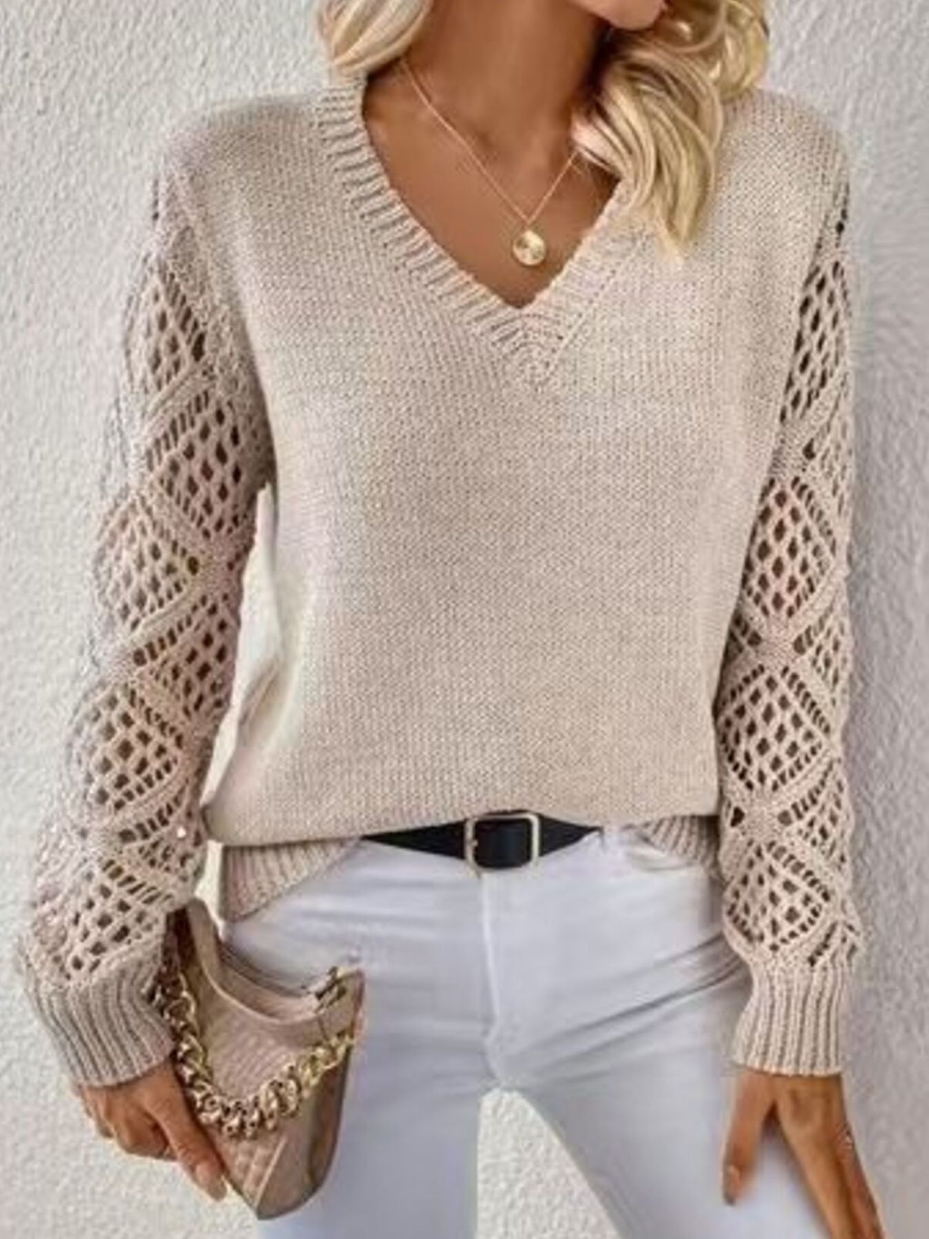 V-Neck Hollow-Out Sleeve Knit Sweater
