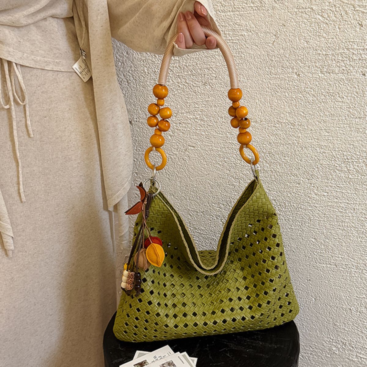 Cutout Shoulder Bag with Beaded Handle 2