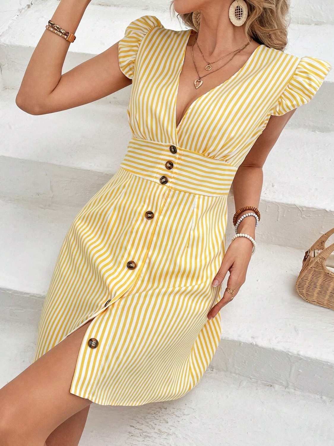 Striped Button Front Cap Sleeve Dress