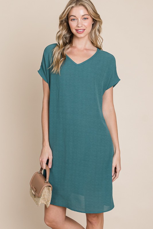 V-Neck Short Sleeve Dress with Pockets