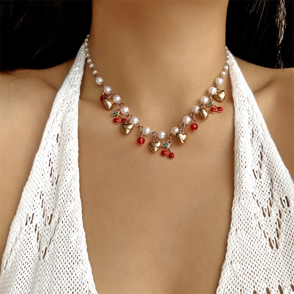 18K Gold-Plated Cherry & Heart Pearl Necklace