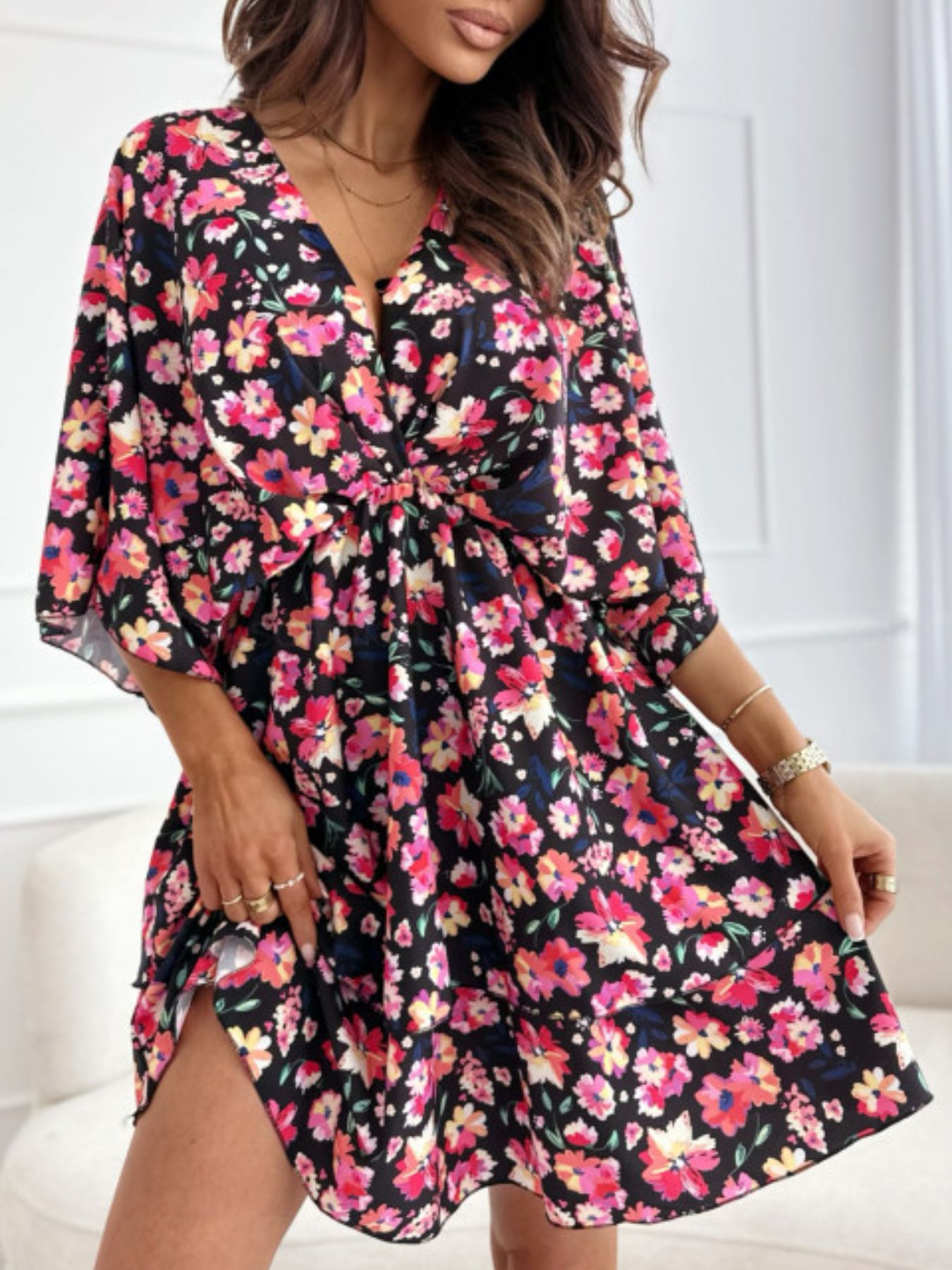 Floral Print V-Neck Ruffle Mini Dress