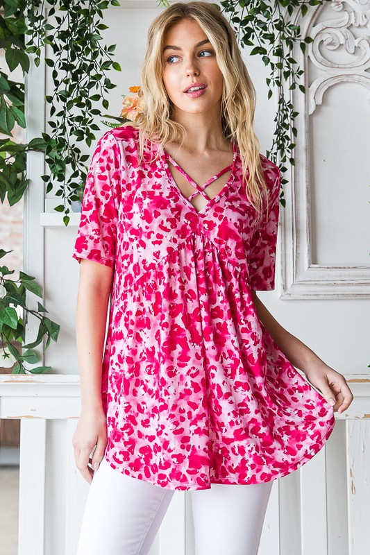 Full Size Short Sleeve Crisscross Animal Babydoll Top Plus Size