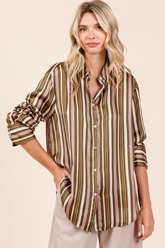 Striped Button Down Satin Shirt