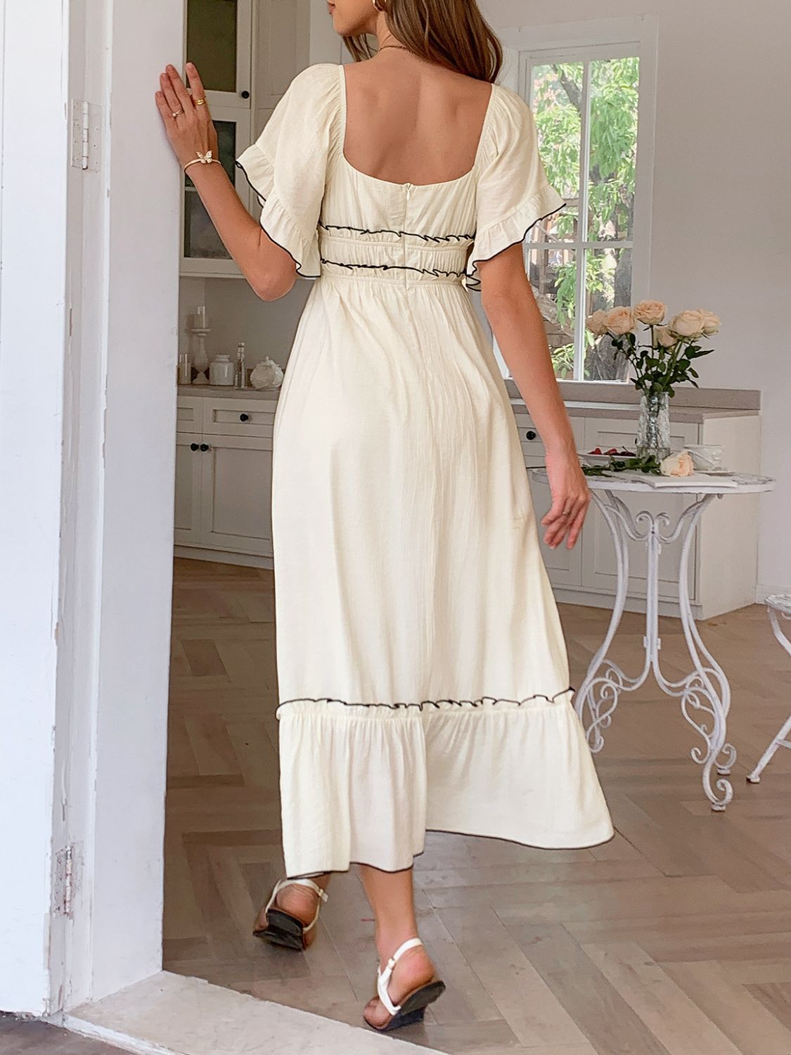 Square Neck Puff Sleeve Ruffle Trim Maxi Dress