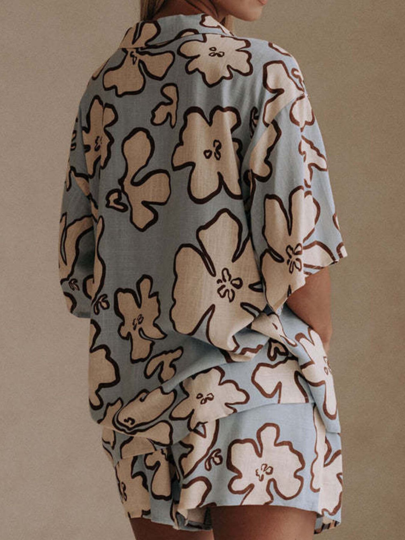 Printed Button Up Shirt and Shorts Set