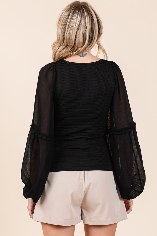 Mixed Media Textured Knit Chiffon Long Sleeve Top