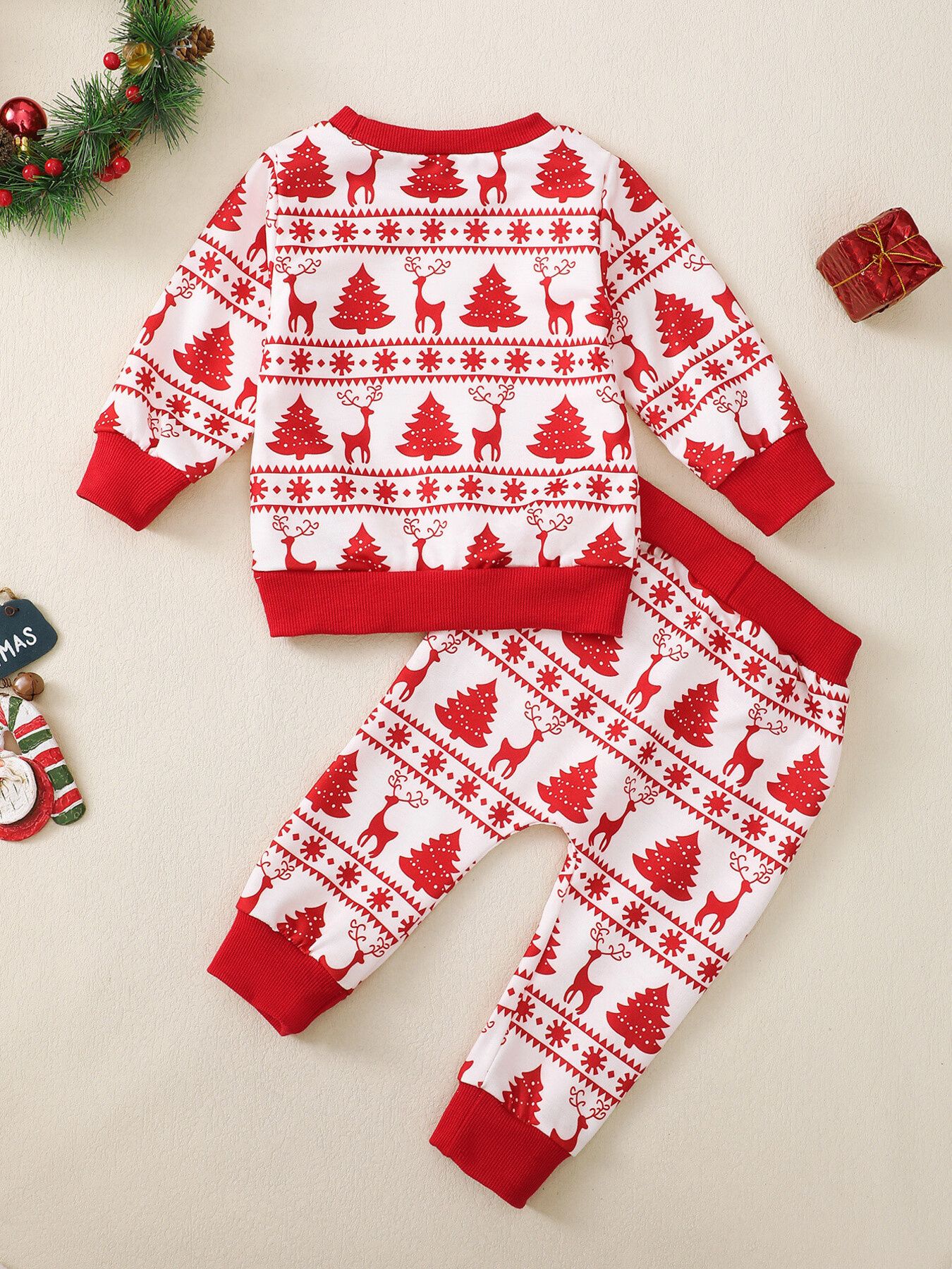 Children's Christmas Reindeer & Tree Print Top and Pants Set