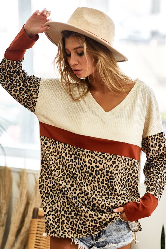 Waffle Knit Leopard Color Block V-Neck Top