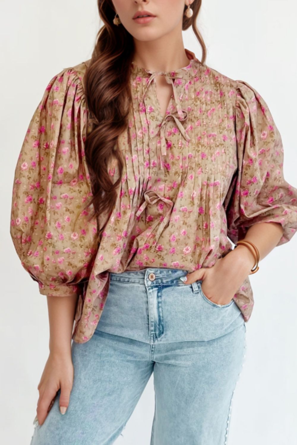 Floral Print Bow Pintuck Bust Half Puff Sleeve Blouse Top