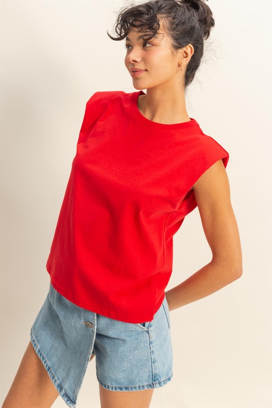 Round Neck Shoulder Pad Sleeveless Top