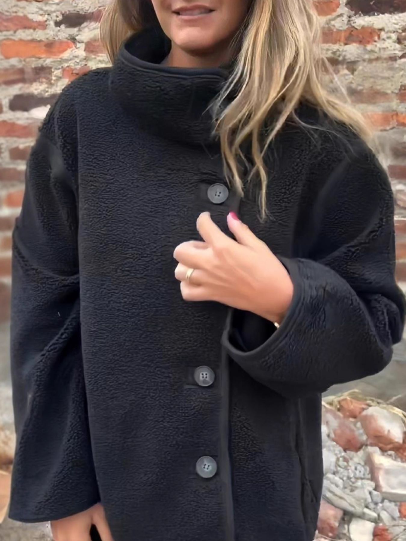 Full Size Button Up Long Sleeve Fleece Jacket Plus Size