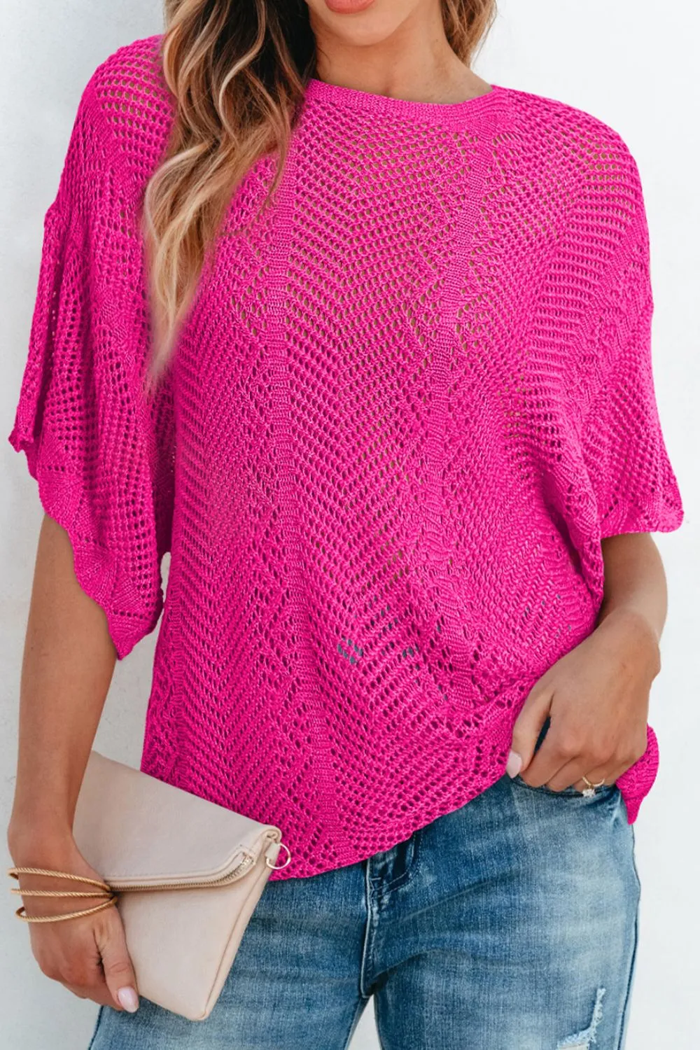 Scallop Edge Half Sleeve Pointelle Knit Top