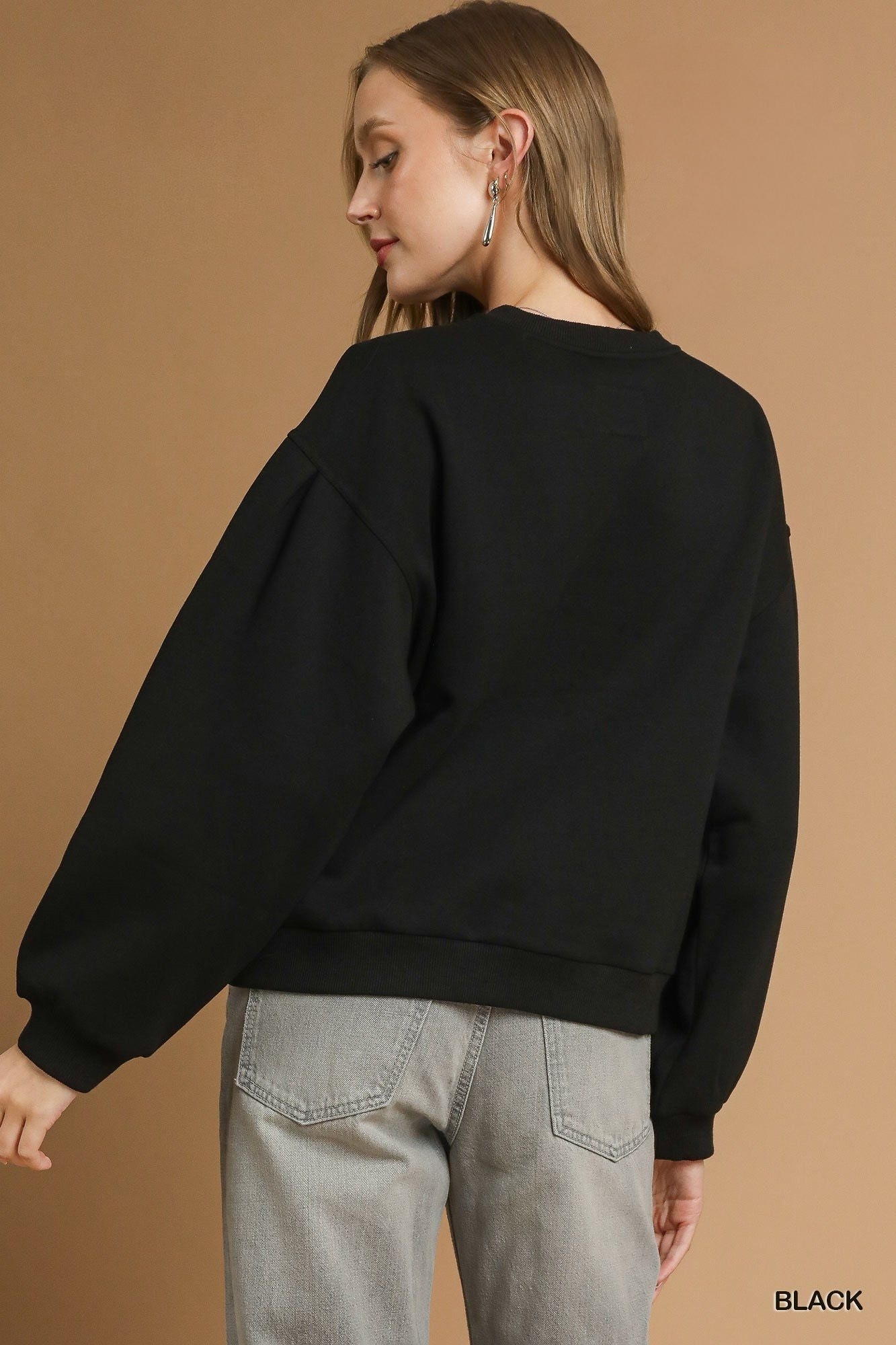 Umgee Round Neck Sweatshirt with Pleated Detail