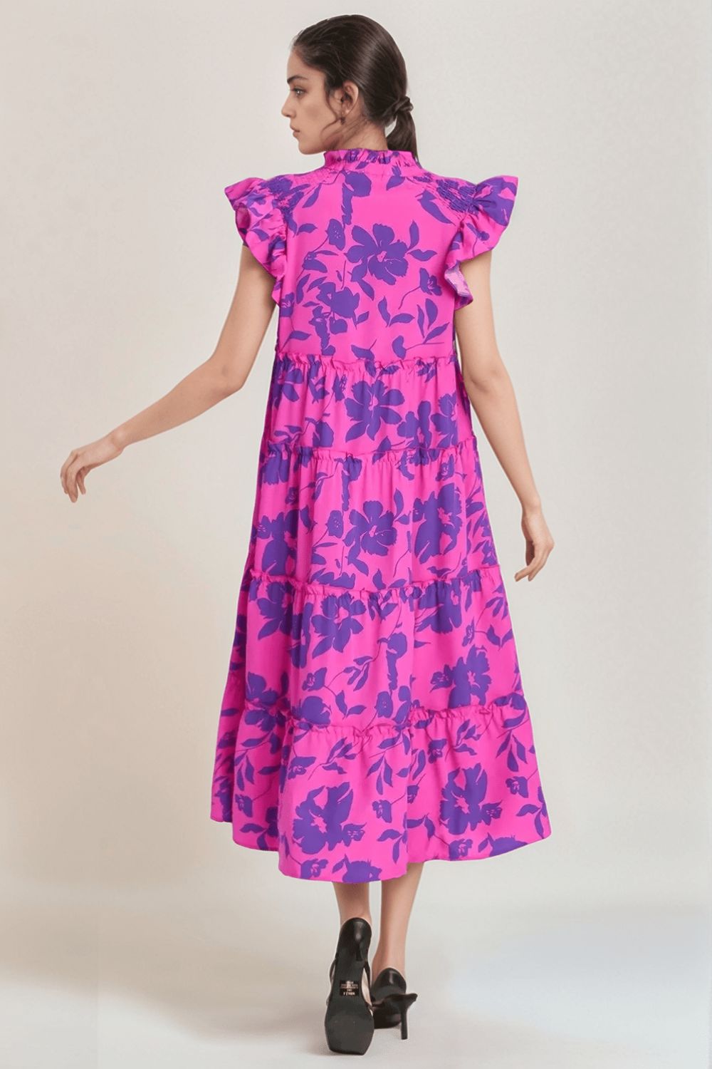 Full Size Ruffled Printed Notched Cap Sleeve Midi Dress