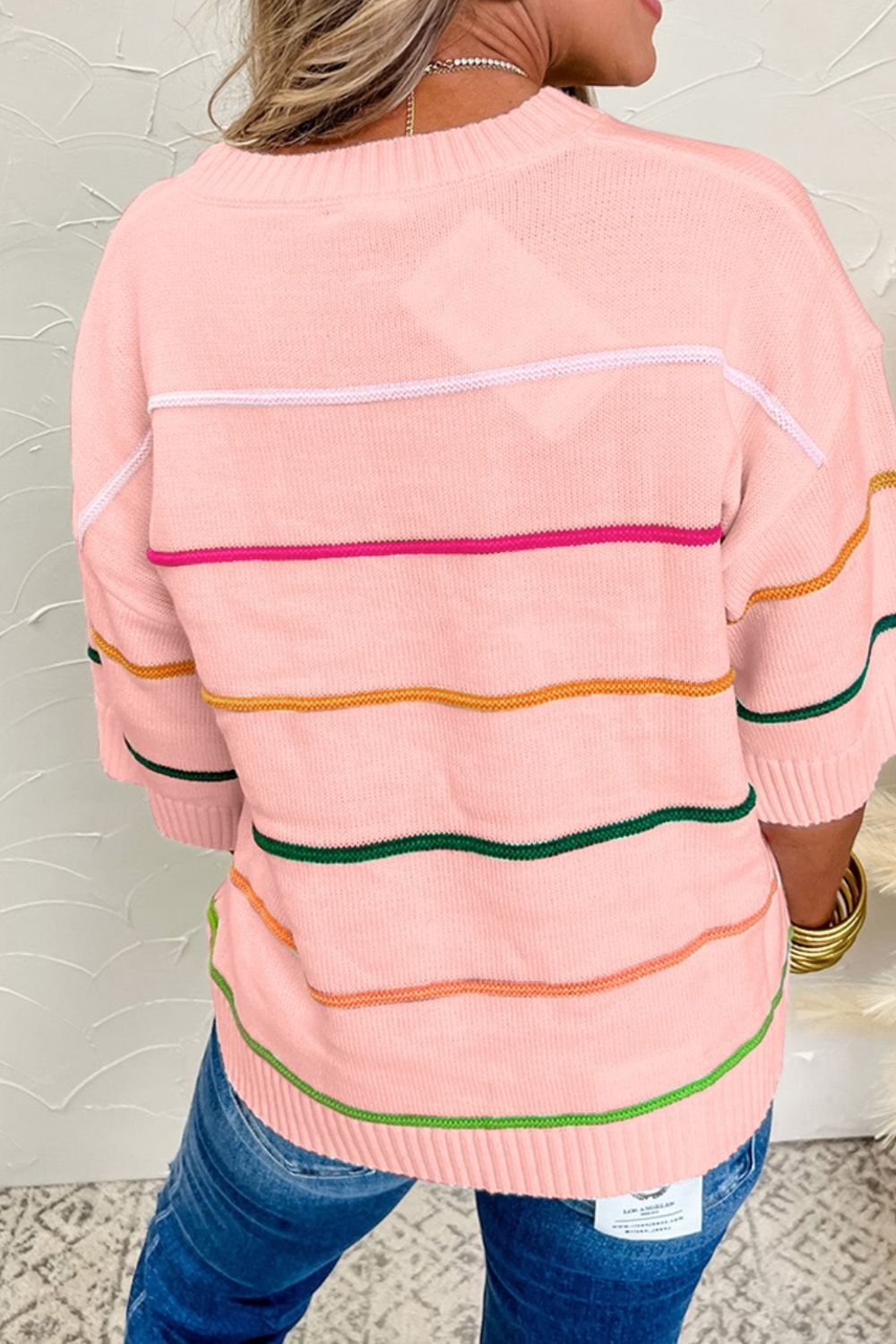 Striped Round Neck Half Sleeve Sweater