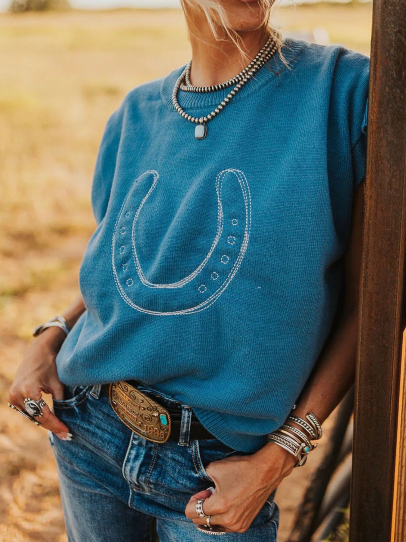 Horseshoe Graphic Round Neck Short Sleeve Sweater