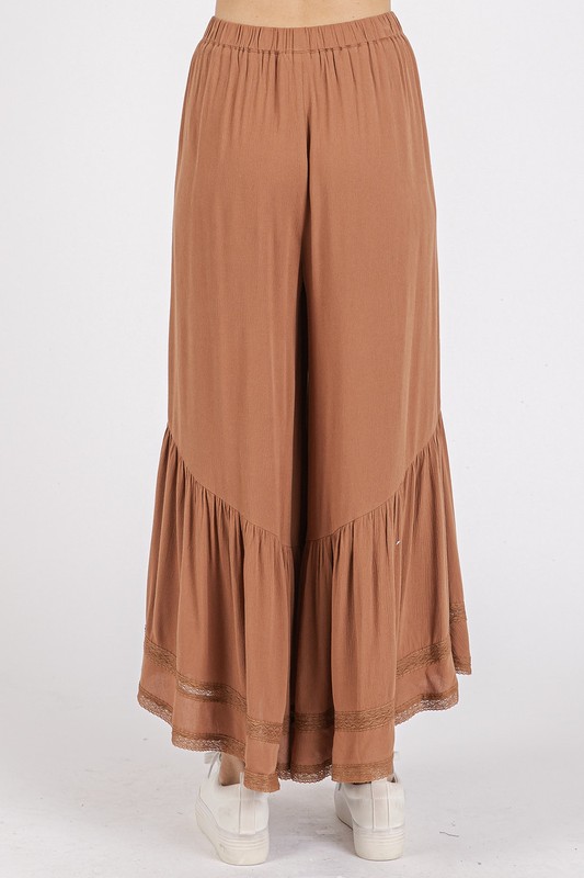 Lace Ruffle Asymmetric Hem Wide Leg Pants