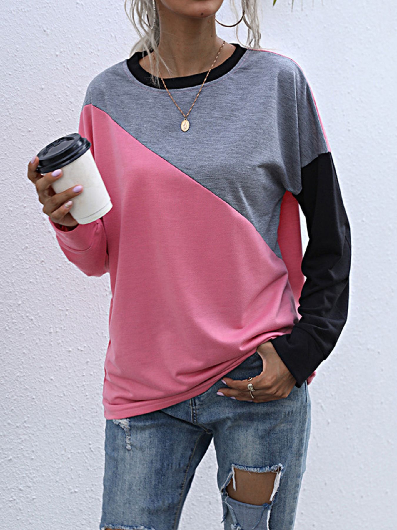 Color Block Casual Round Neck Sweatshirt