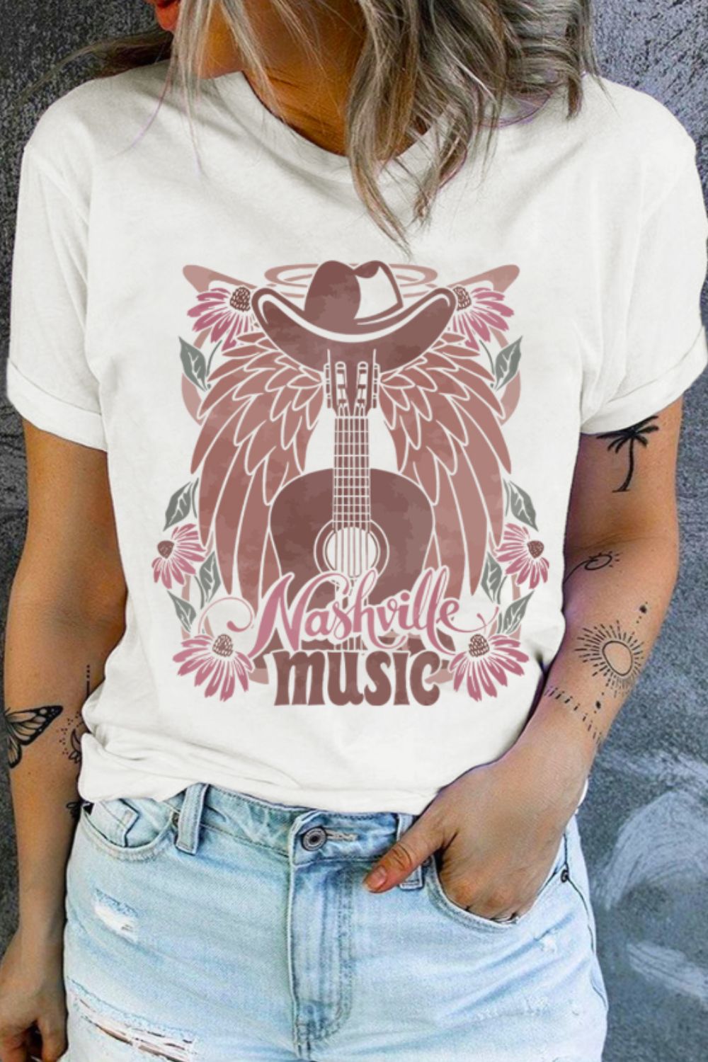 Nashville Music Guitar Wings Graphic Round Neck T-Shirt