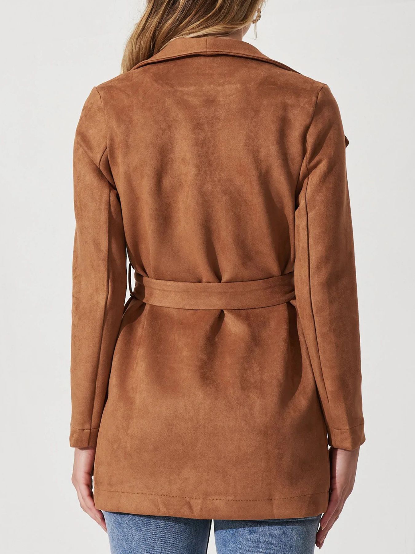 Suede Tie Waist Long Sleeve Outerwear
