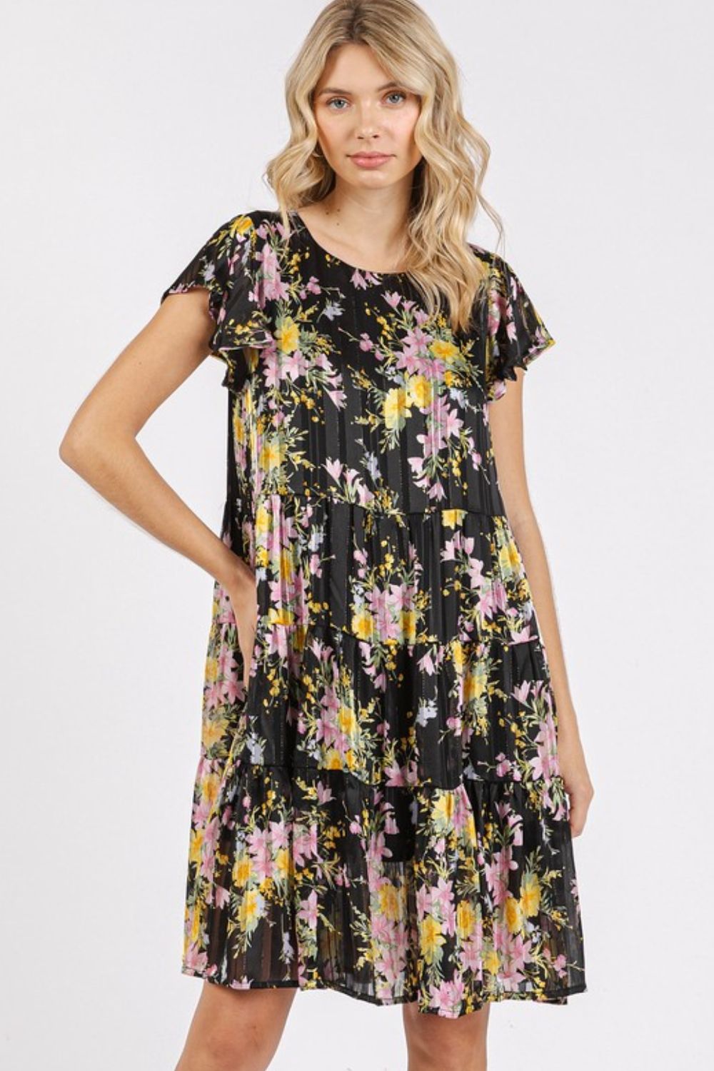 Flower Print Round Neck Flutter Sleeve Tiered Dress