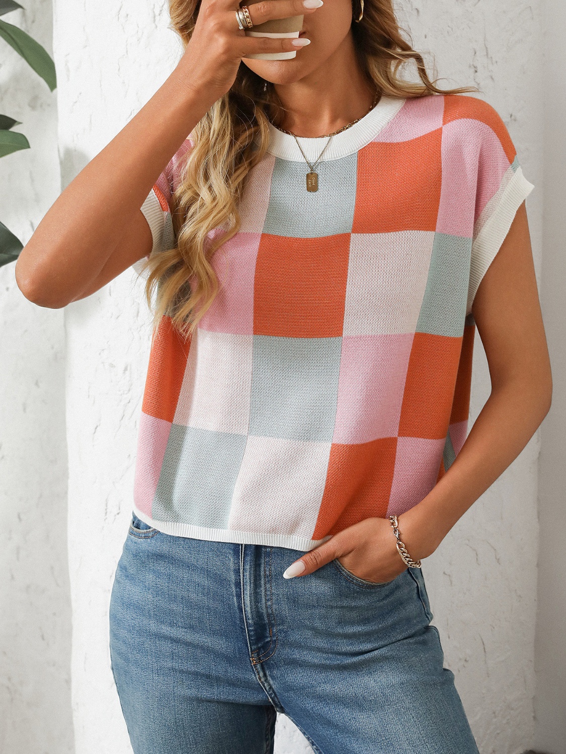 Checkered Round Neck Cap Sleeve Knit Top