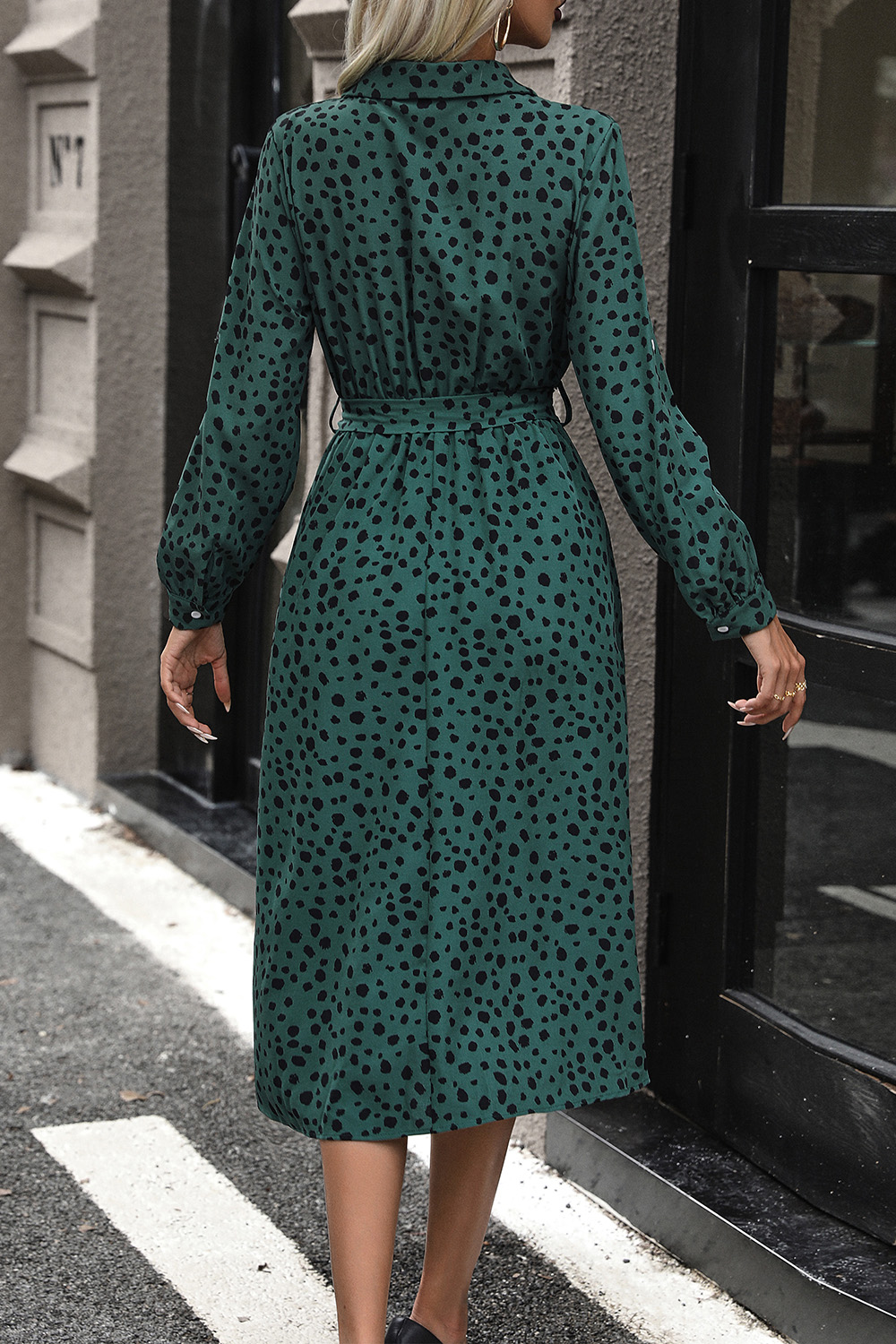 Printed Belted Long Sleeve Midi Dress
