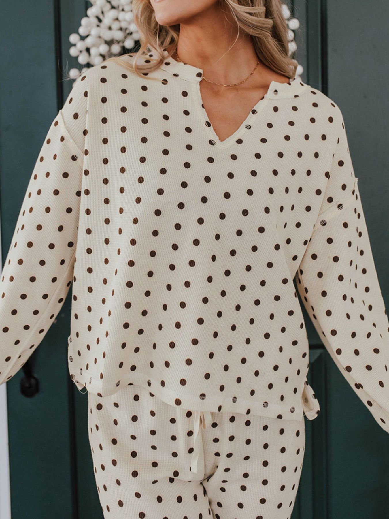 Polka Dot Notched Long Sleeve Top and Drawstring Joggers Lounge Set