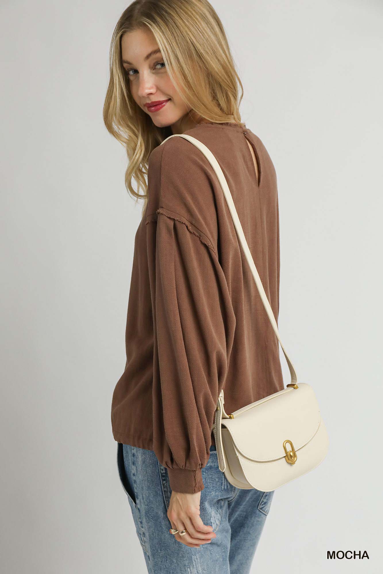 Umgee Linen Long Sleeve Top with Drawstring