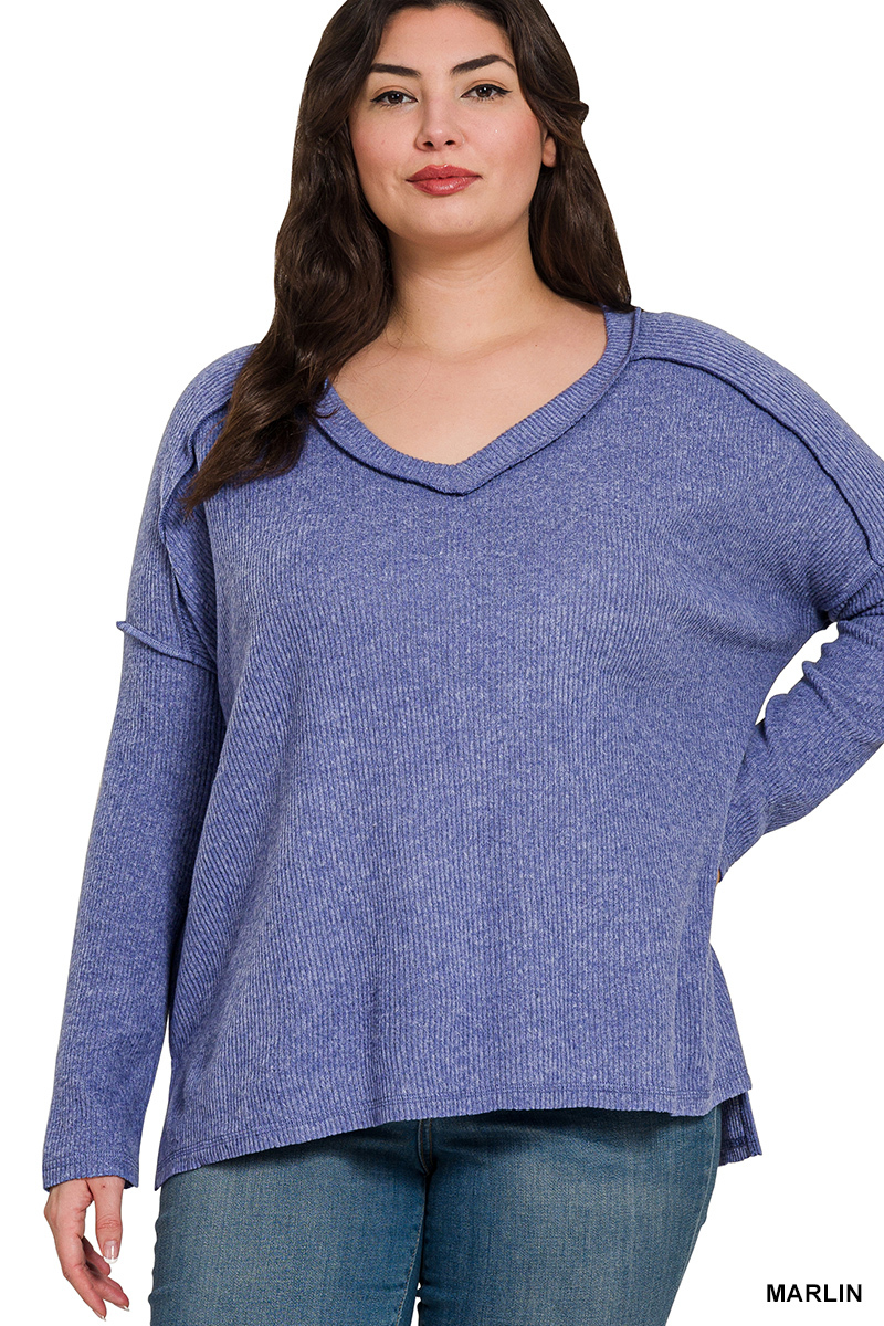 Full Size Brushed Ribbed Hacci Drop Shoulder V-Neck Sweater Plus Size