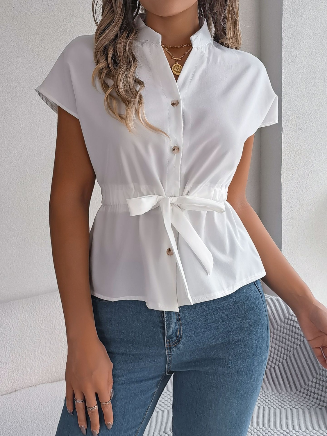 Notched Short Sleeve Blouse