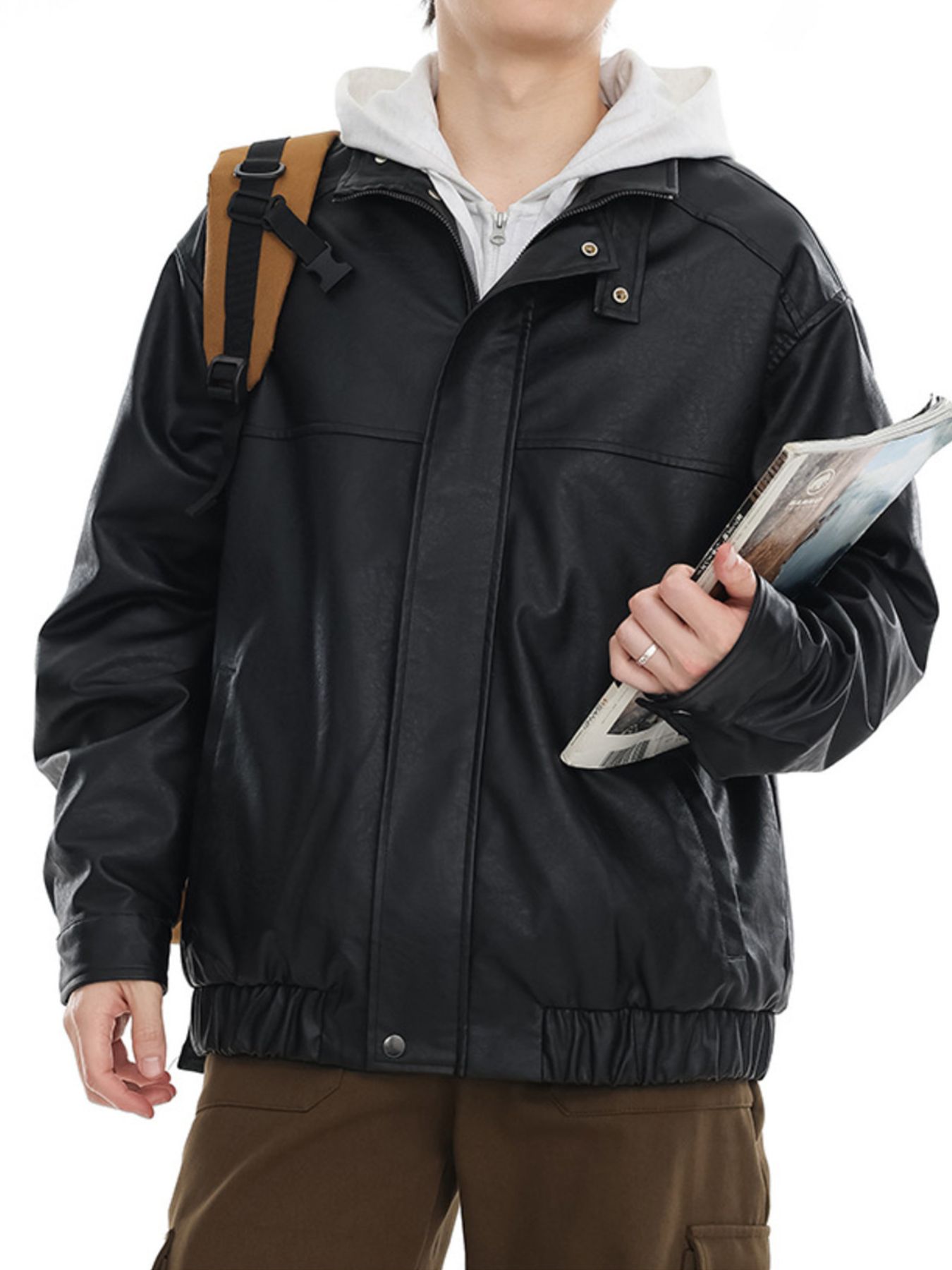 Men's Plus Size Zip Up Leather Bomber Jacket