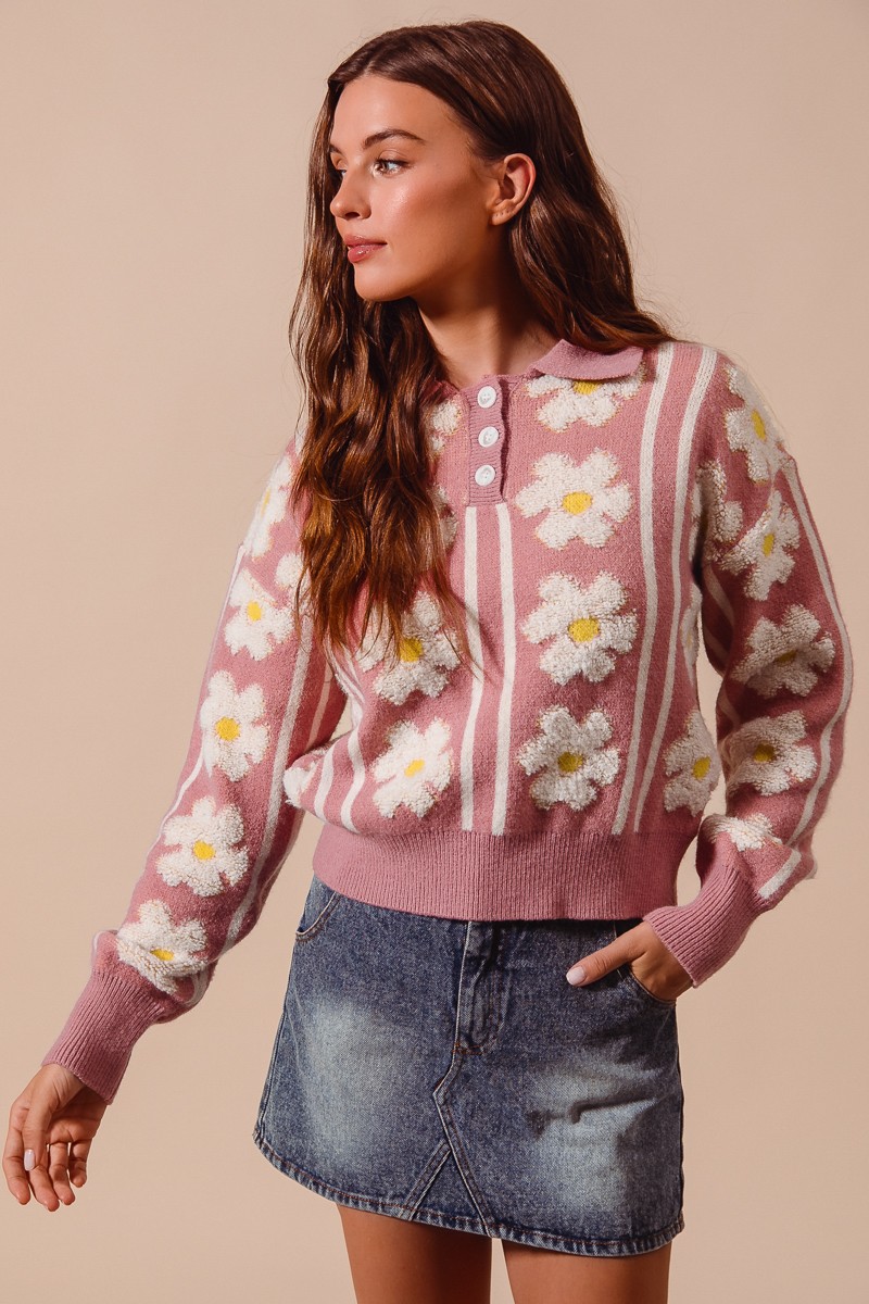 Floral Stripe Polo Collar Sweater