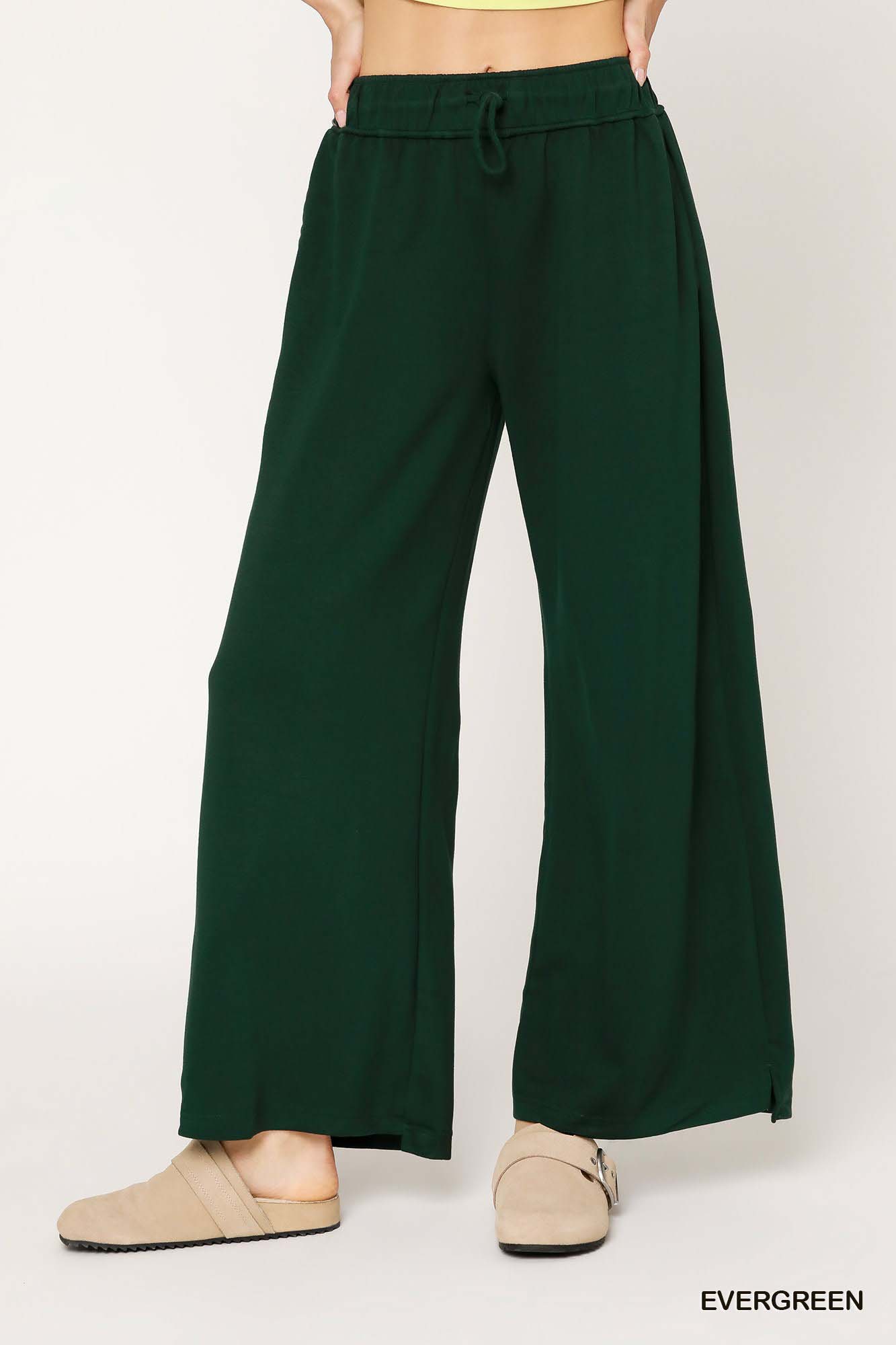 Umgee Elastic Drawstring Waistband Wide Leg Pants
