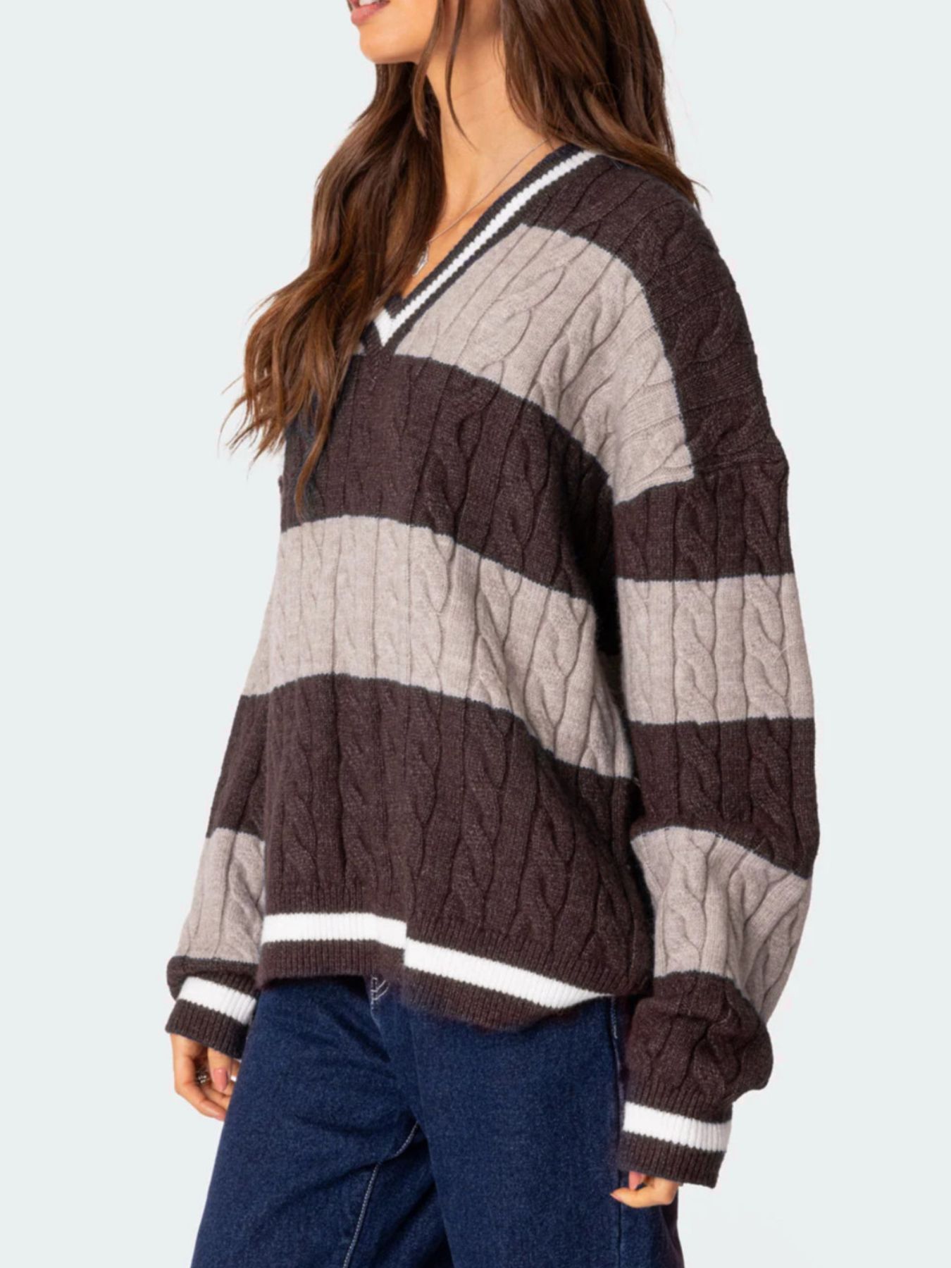 Striped Cable Knit V-Neck Sweater
