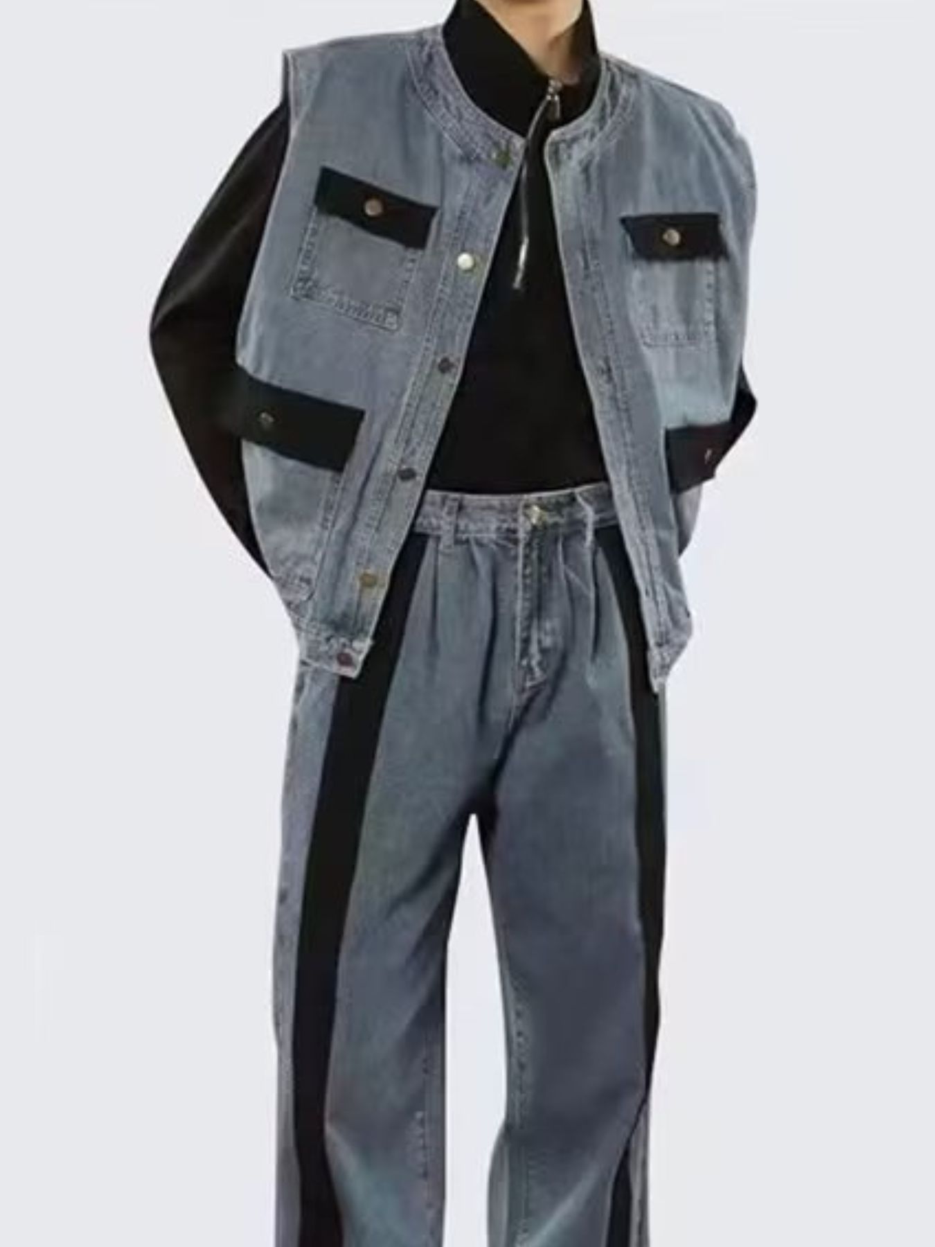 Men's Plus Size Button Up Vest and Pants Denim Set