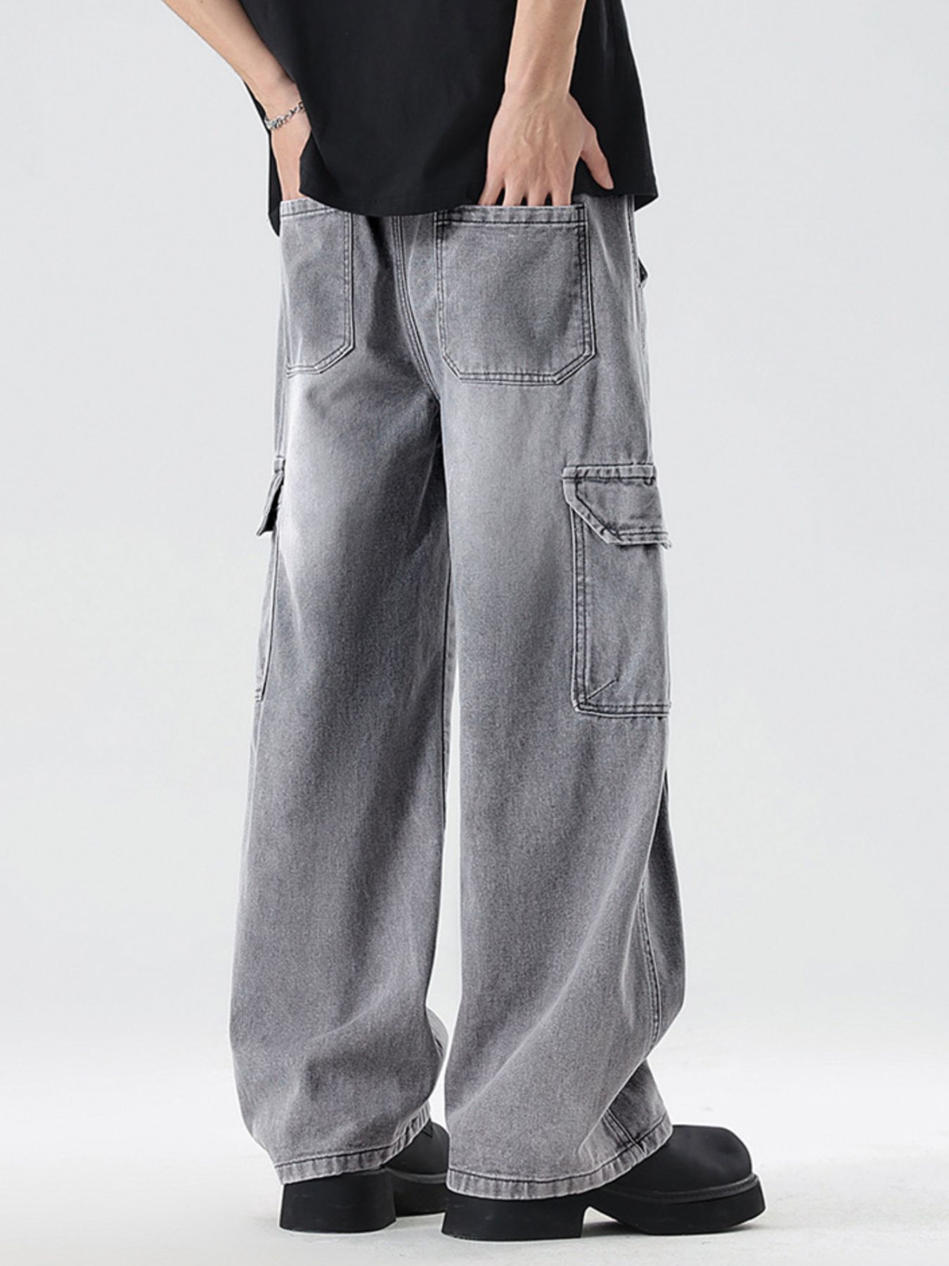 Men's Plus Size Wash Wide Leg Cargo Jeans