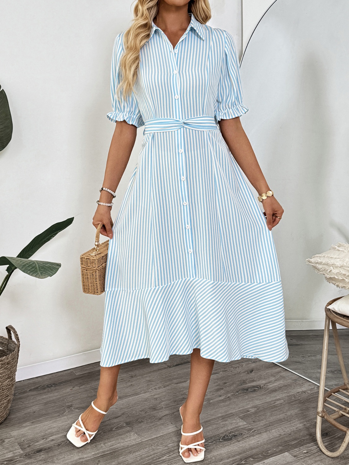Striped Button-Down Midi Shirt Dress with Ruffle Sleeves