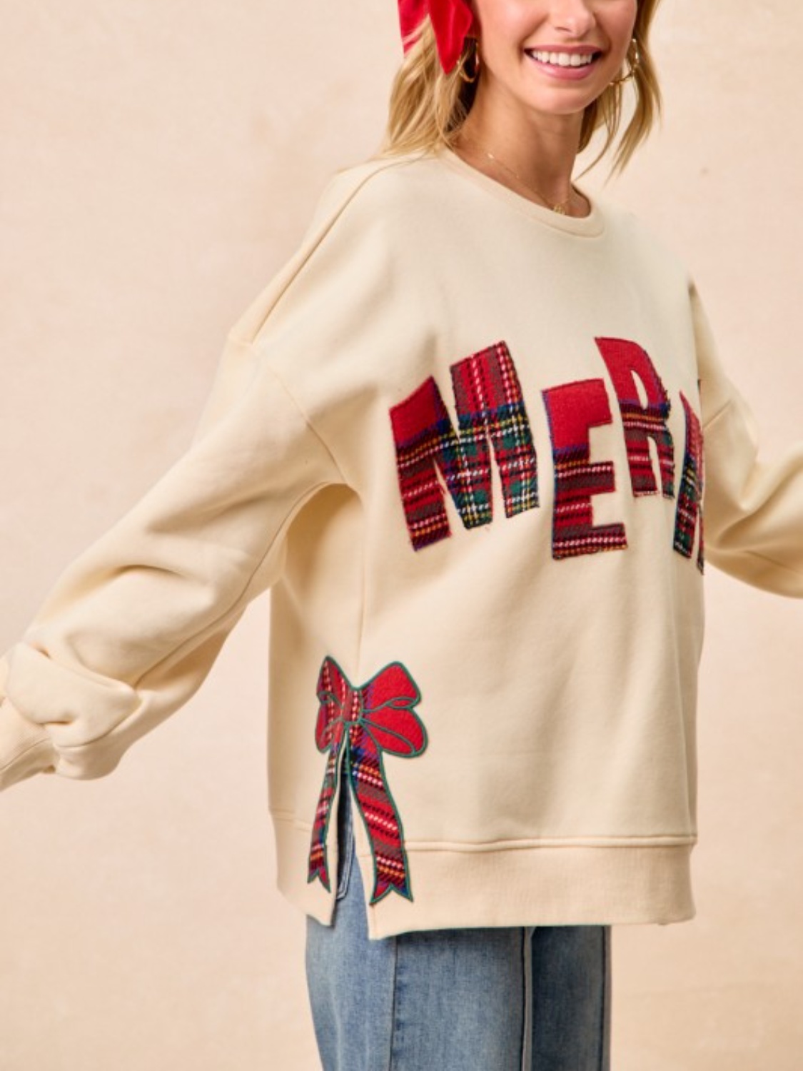 MERRY Bow Slit Crew Neck Christmas Sweatshirt