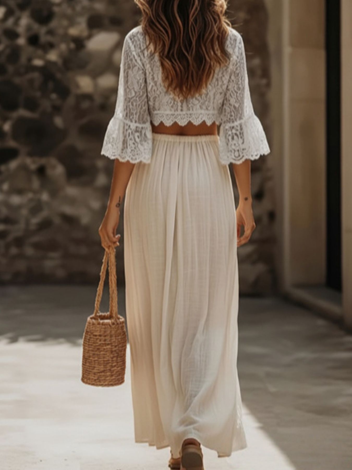 Lace Crop Top and Slit Maxi Skirt Set