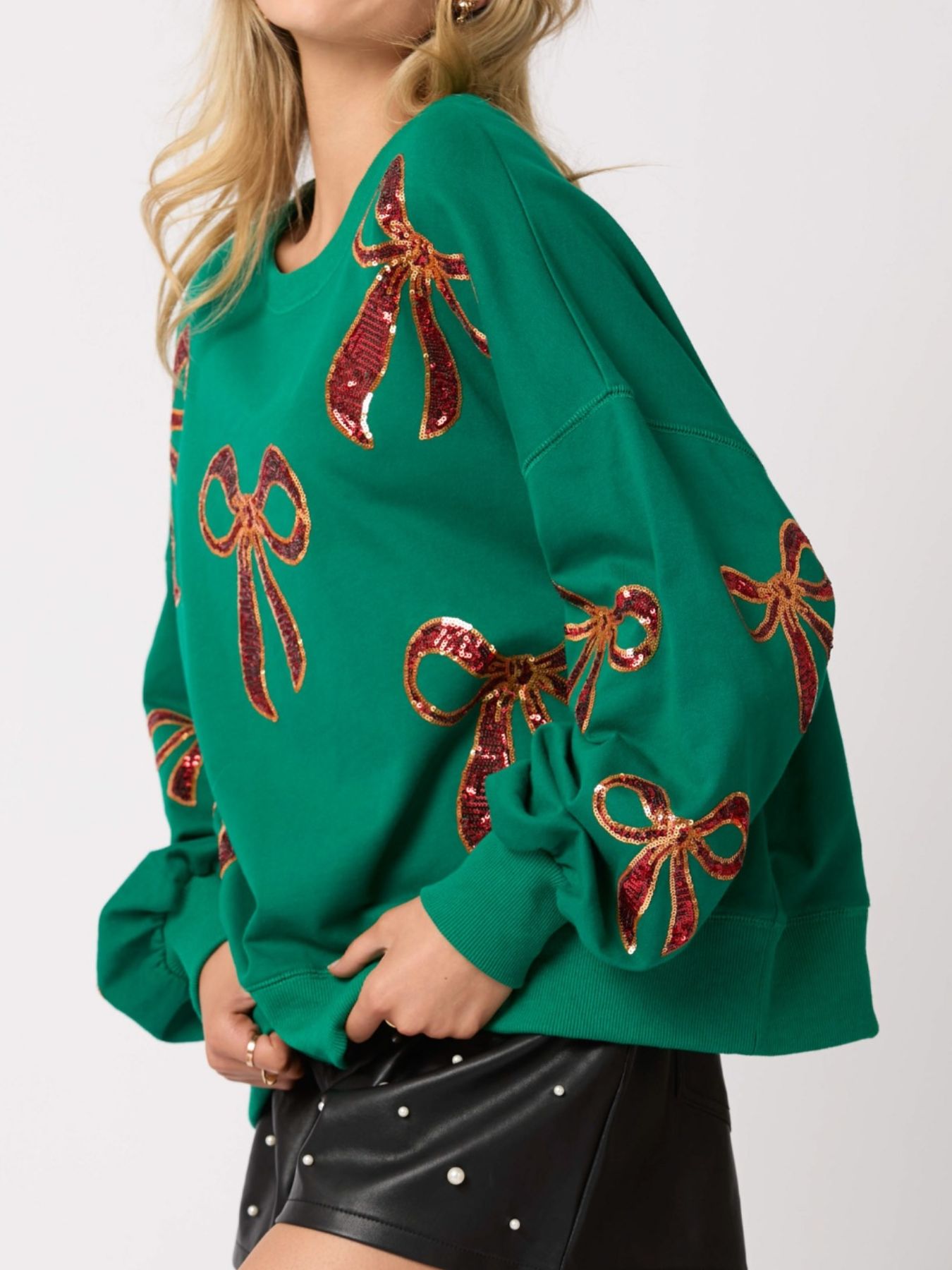 Christmas Sequin Bow Round Neck Sweatshirt