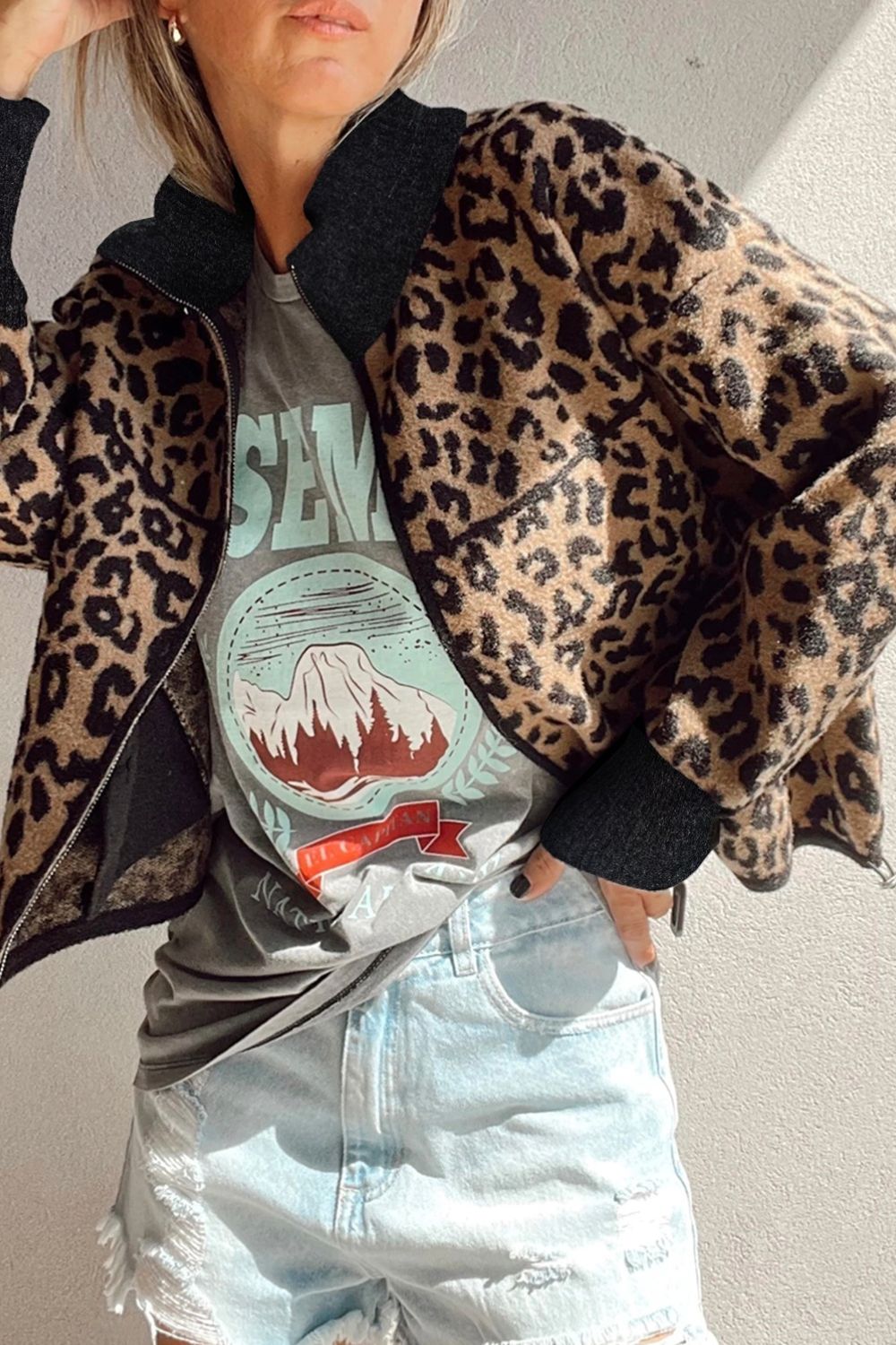 Leopard Zip Up Long Sleeve Jacket