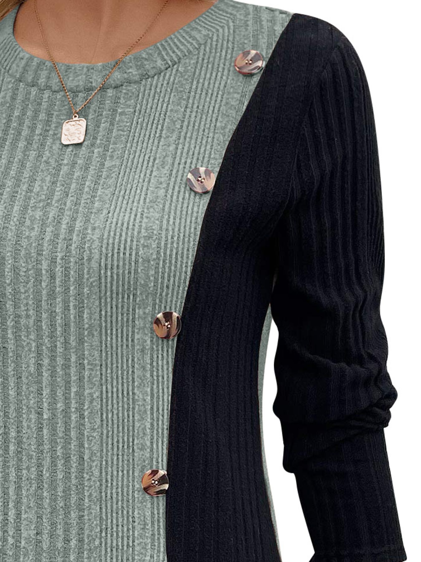 Color Block Ribbed Knit Decor Button T-Shirt