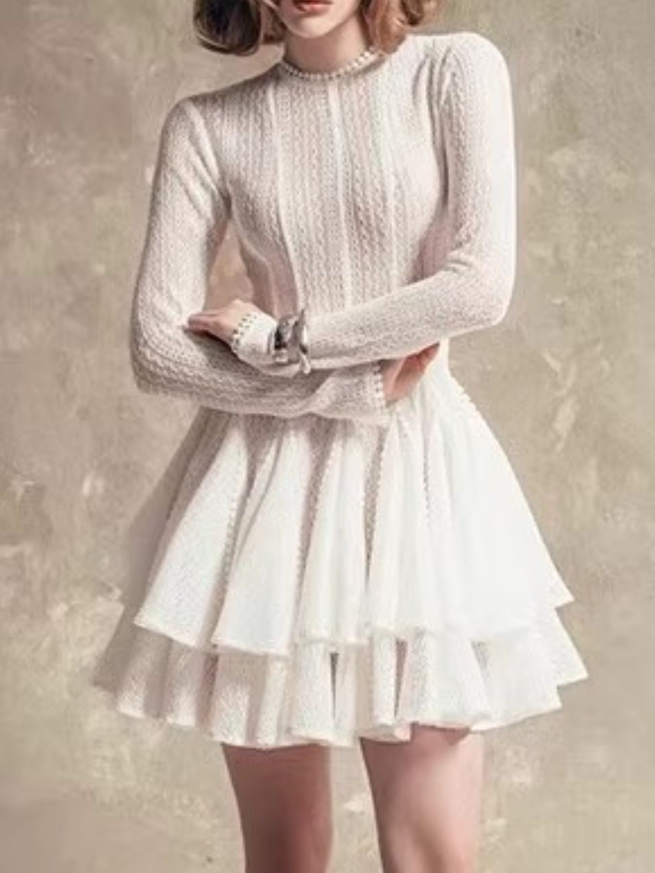 Layered Round Neck Long Sleeve Dress