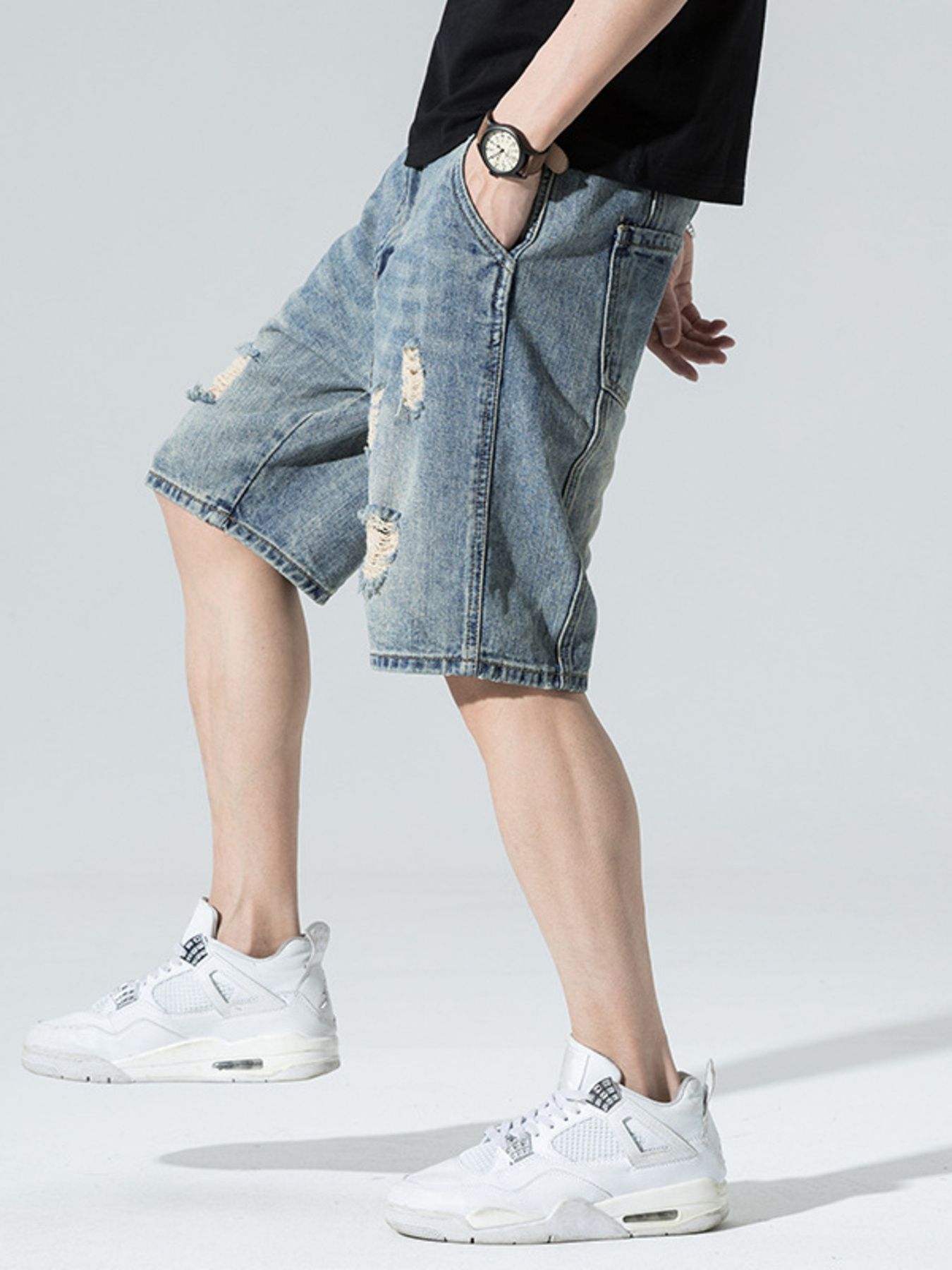 Men's Distressed Wide Leg Denim Shorts