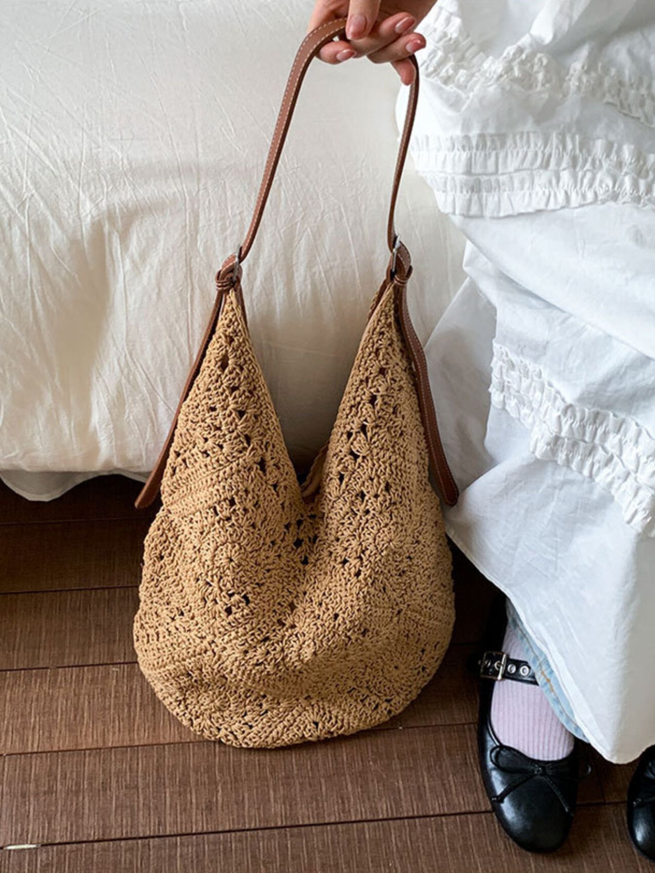 Crochet Shoulder Bag with Leather Straps
