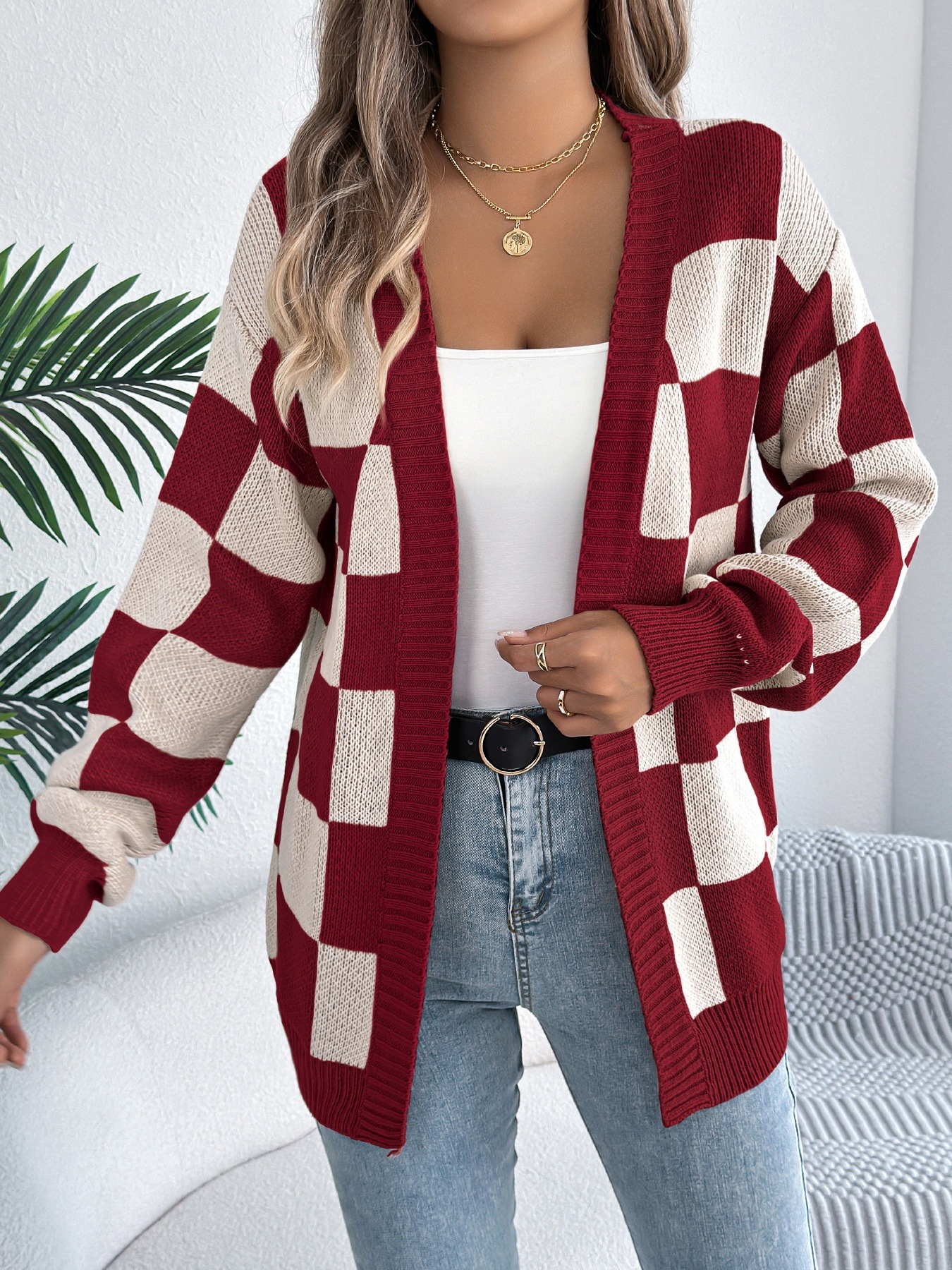 Checkered Pattern Open Front Cardigan