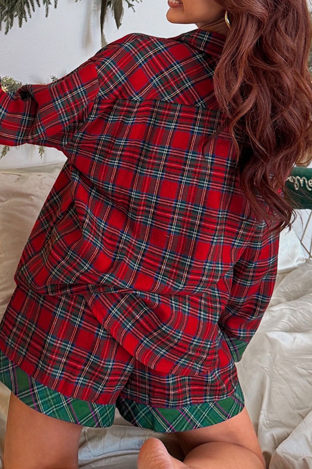 Plaid Contrast Patched Christmas Holiday Long Sleeve Shirt and Short 2pcs Pajama Set